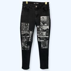 Blue Topic Women's Juniors Girl Power Black Jeans sz 9/10 Comic Graffiti
